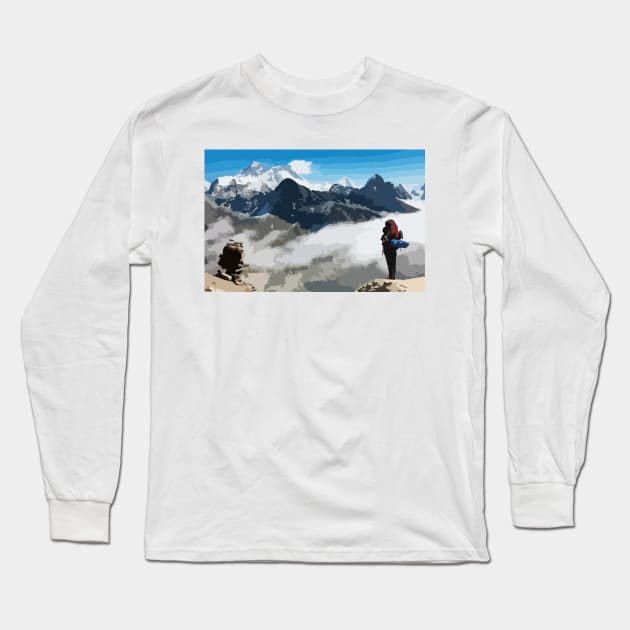 Mount Everest Base Camp Hiking Digital Painting Long Sleeve T-Shirt by gktb